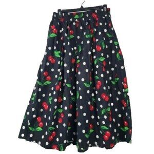 Truly 4 You Womens Flared Midi Skirt Medium Black Polka‎ Dot Cherry Retro Preppy